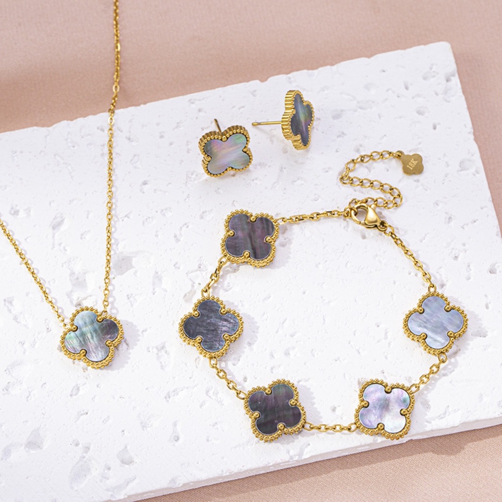 18K Gold Plated Grey Shell Clover Set (Watch The Video to see the Actual Beauty)